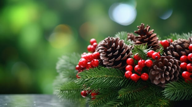 AI generated traditional holiday wreath decorated with red berries and pinecones photo