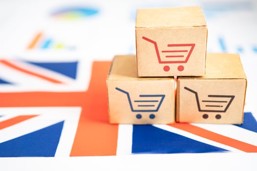 Box with shopping online cart logo and United Kingdom flag, Import Export commerce finance delivery trade. flag, Import Export Shopping online or commerce finance delivery service store product photo