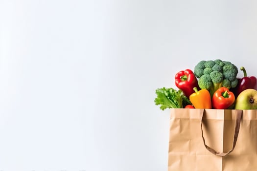 AI generated Delivery healthy food background. Vegan vegetarian food in paper bag vegetables and fruits on white, copy space, banner.Grocery shopping food supermarket and clean vegan eating concept. photo