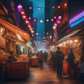 AI generated A futuristic cyberpunk-themed street market with colorful stalls photo