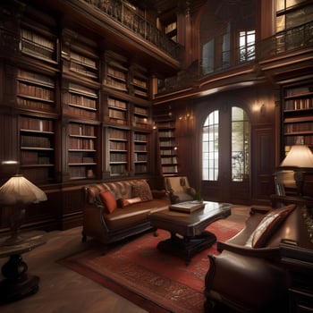 AI generated An opulent victorian-style library with floor-to-ceiling bookshelves and photo