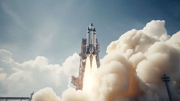 AI generated Take-off of space rocket at test site. Cosmodrome and launch of the spacecraft. Science and technology. photo