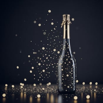 AI Generated Black champagne bottle silhouette golden bubbles explosion photo