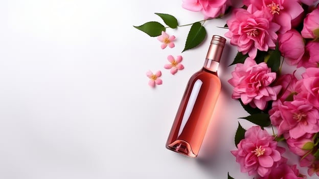 AI generated Dry rose wine bottle with roses ai generated mockup photo