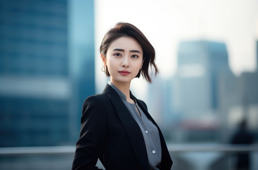 AI generated a young business woman standing in front of a city background photo