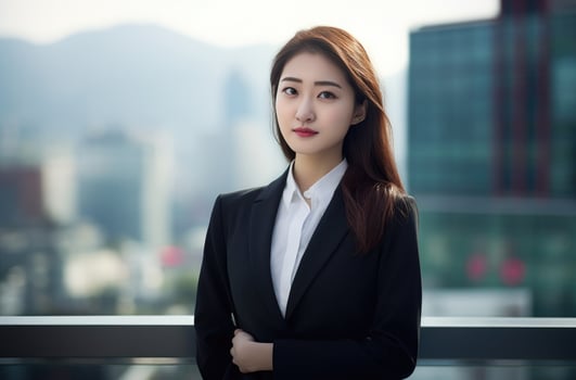 AI generated a young business woman standing in front of a city background photo