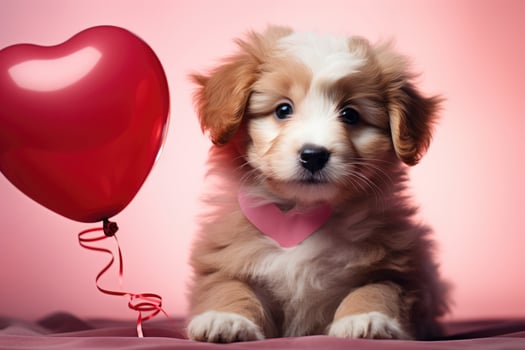 AI generated adorable puppy holding heart shaped pink balloon photo