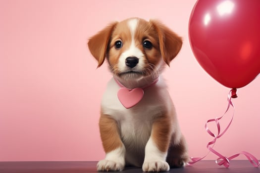 AI generated adorable puppy holding heart shaped pink balloon photo