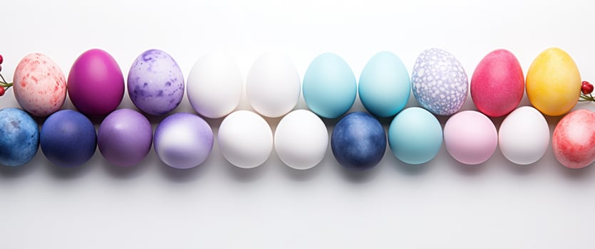 AI generated colorful easter eggs in rainbow, floral arrangement, and white background photo