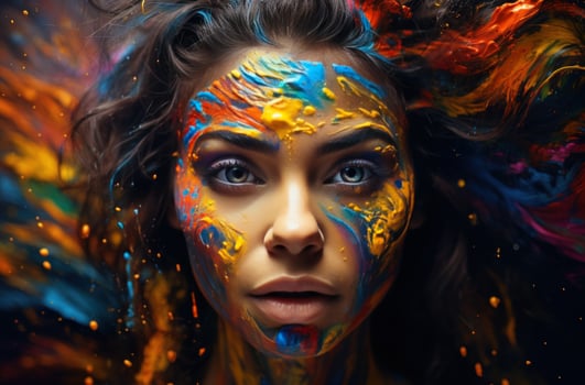 AI generated girl with holi makeup painting her face from head to toe photo