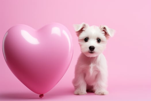 AI generated heartshaped pink balloon puppy dog standing on pink background photo