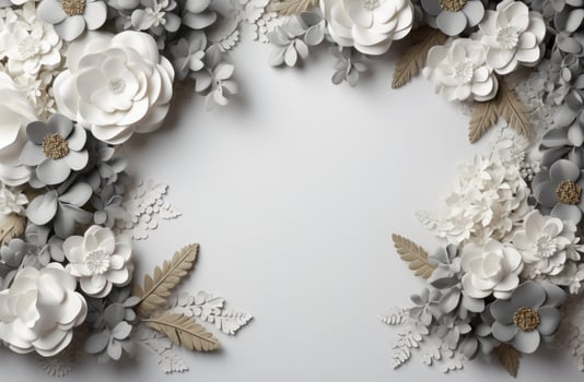 AI generated white frame of flowers with flowers on a grey background photo