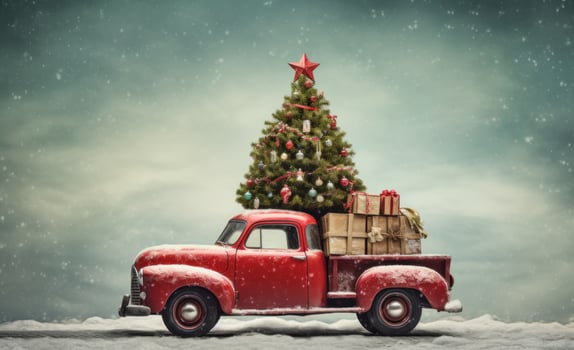 AI generated a christmas car driving down snowy road with christmas tree on top, photo