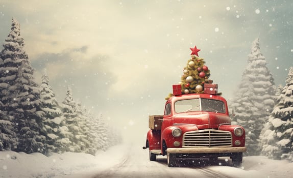 AI generated a christmas car driving down snowy road with christmas tree on top, photo