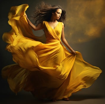 AI generated a female model in a yellow long dress dancing with her hair in the wind, photo