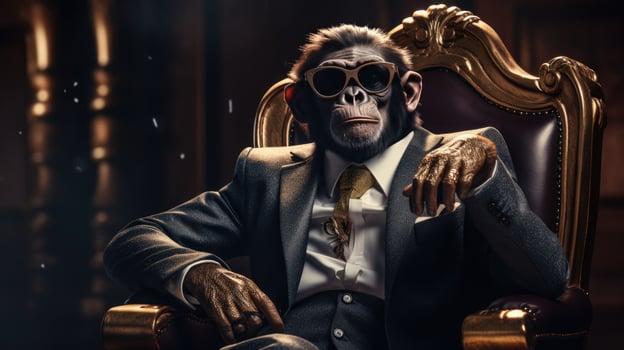 AI generated chimpanzee in sunglasses dressed in a suit seated in a chair, photo