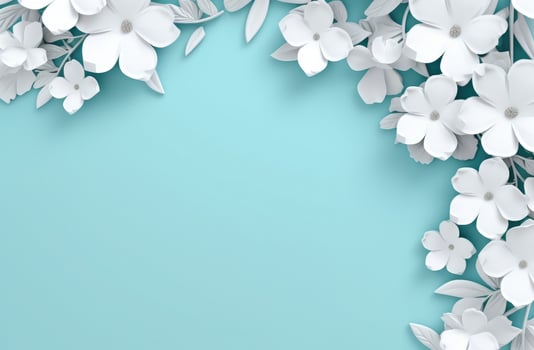 AI generated flowers leaves and white frame on the blue background, photo