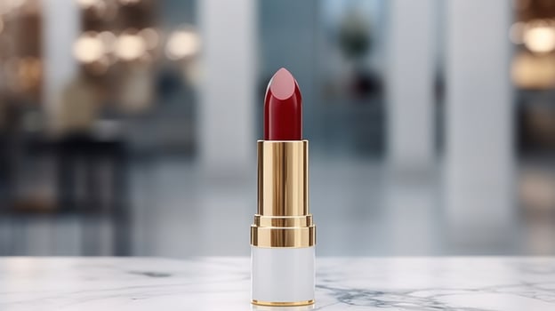 AI generated lipstick with blank front, realistic on a mockup template in a table in a luxury store photo