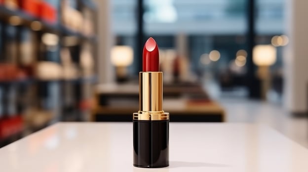 AI generated lipstick with blank front, realistic on a mockup template in a table in a luxury store photo
