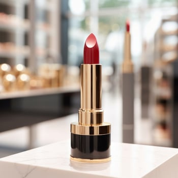 AI generated lipstick with blank front, realistic on a mockup template in a table in a luxury store photo