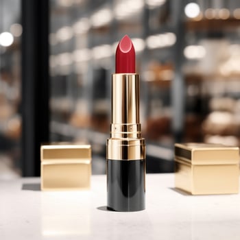 AI generated lipstick with blank front, realistic on a mockup template in a table in a luxury store photo
