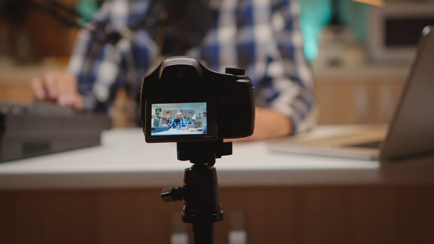 Famous influencer recording online show in home studio. Creative online show Onair production internet broadcast host streaming live content, recording digital social media communication photo