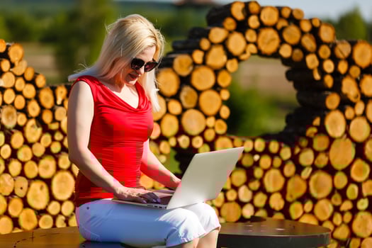 Euphoric woman searching job with a laptop in an urban park in summer photo