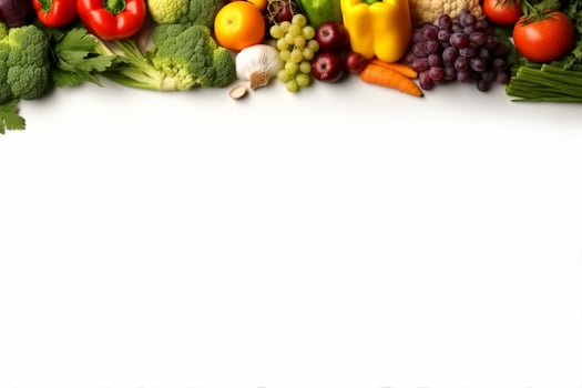AI generated Healthy food background studio photography of different fruits and vegetables isolated on white background. Close up. Copy space. generative ai. photo