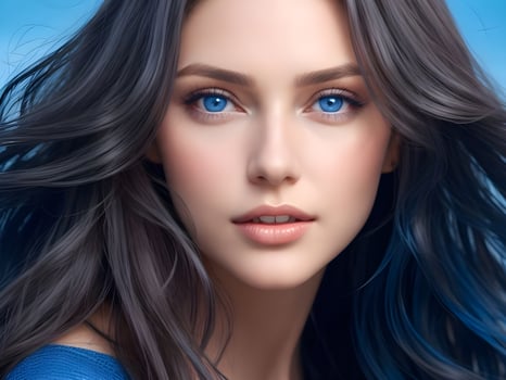 AI generated A woman with wavy glossy hair and stunning blue eyes ai generate photo