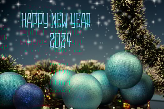 New Year's toys, decorations and other items on a blue abstract background. photo