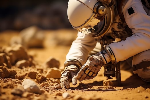 AI generated A humanoid robot takes soil samples on the planet Mars photo