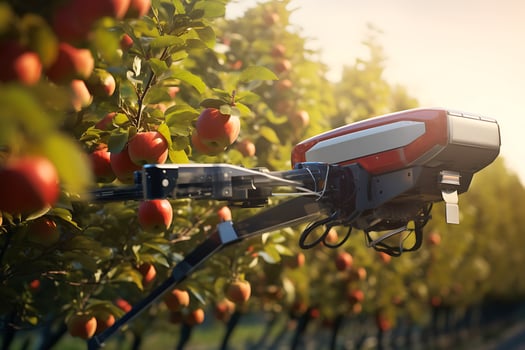 AI generated Drone picking ripe apples in an apple orchard photo