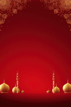 AI generated A luxurious red and gold background with ornate floral designs and a traditional mosque silhouette photo