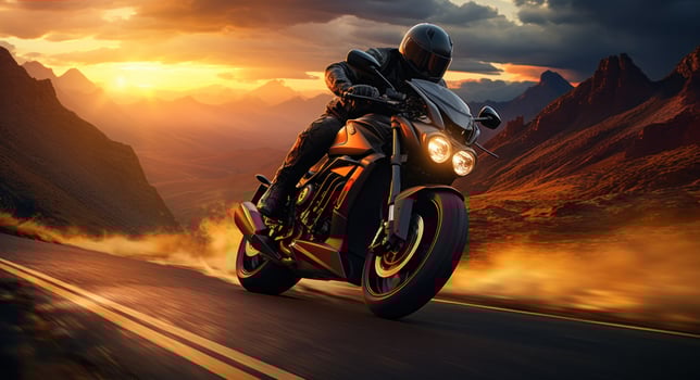 AI generated a motorcycle rider clinging onto a mountain road, photo