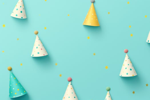 AI generated colourful party hats and different party accessories on a blue background, photo