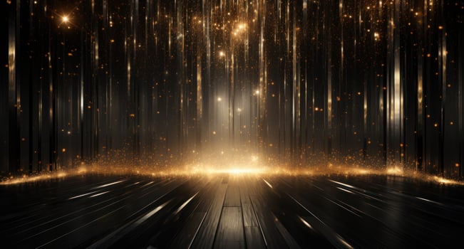 AI generated gold glittery light rays on the dark, photo