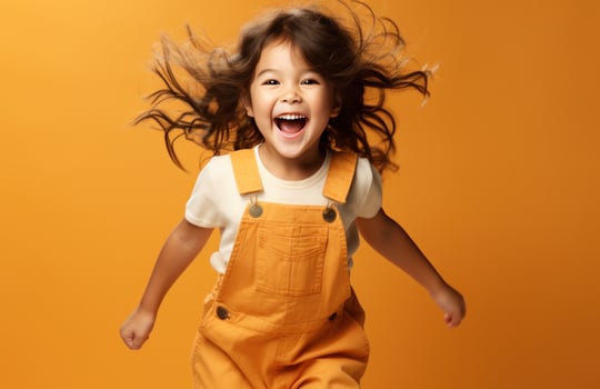 AI generated happy little girl in a pair of overalls jumping, i photo