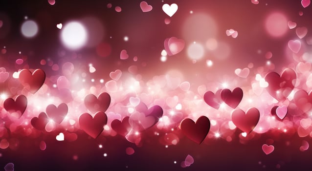 AI generated pink hearts glistening in the red ground, photo