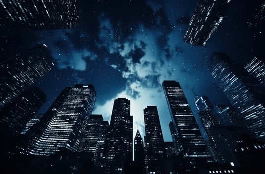 AI generated view from below of the blue and white city skyline at night photo