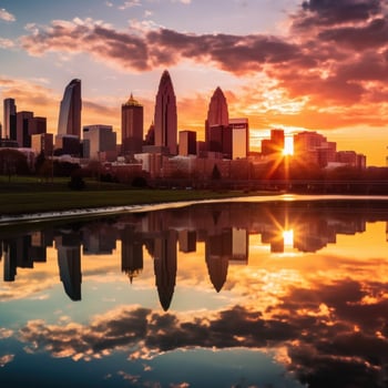 AI generated A breathtaking photo of a city skyline at sunset, with warm spring colors painting the sky