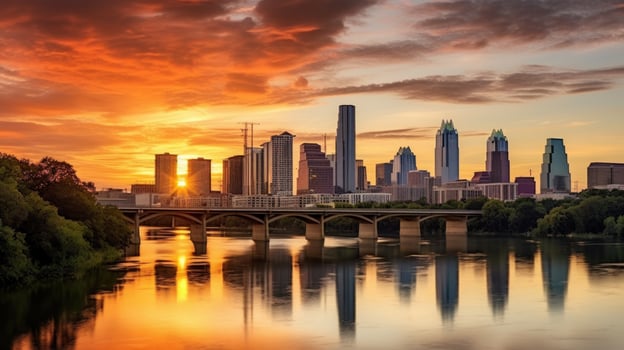 AI generated A breathtaking photo of a city skyline at sunset, with warm spring colors painting the sky