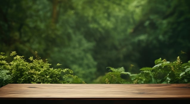 AI generated wooden table on a green grassy background photo