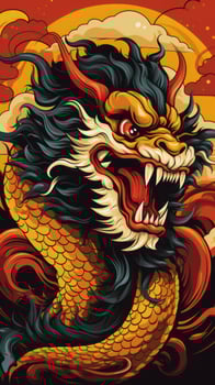 AI generated A fierce red and black Chinese dragon, photo
