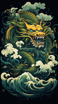 AI generated A regal green and gold Chinese dragon, surrounded by swirling clouds and set against a deep blue background photo