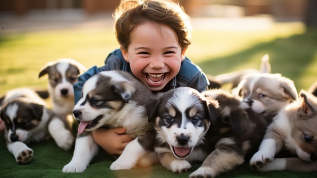 AI generated A young boy grins with excitement as he plays with a playful and energetic litter of puppies. photo