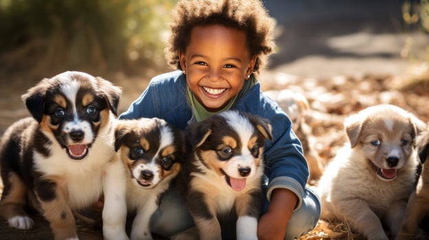 AI generated A young boy grins with excitement as he plays with a playful and energetic litter of puppies. photo