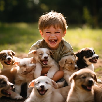 AI generated A young boy grins with excitement as he plays with a playful and energetic litter of puppies. photo
