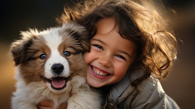 AI generated An adorable toddler giggles with delight as she snuggles a fuzzy little dog in her arms. photo