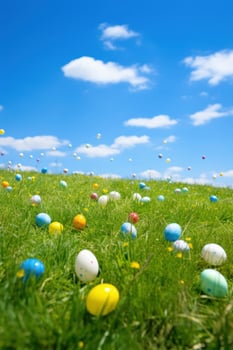 AI generated A grassy meadow with a clear blue sky and Easter eggs scattered throughout. photo