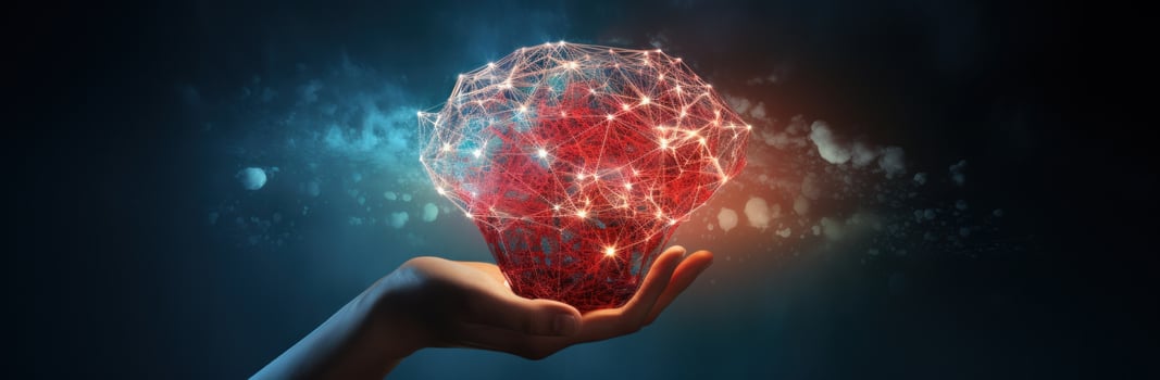 AI generated hand in hand with an energy light bulb on a cloudy background, photo